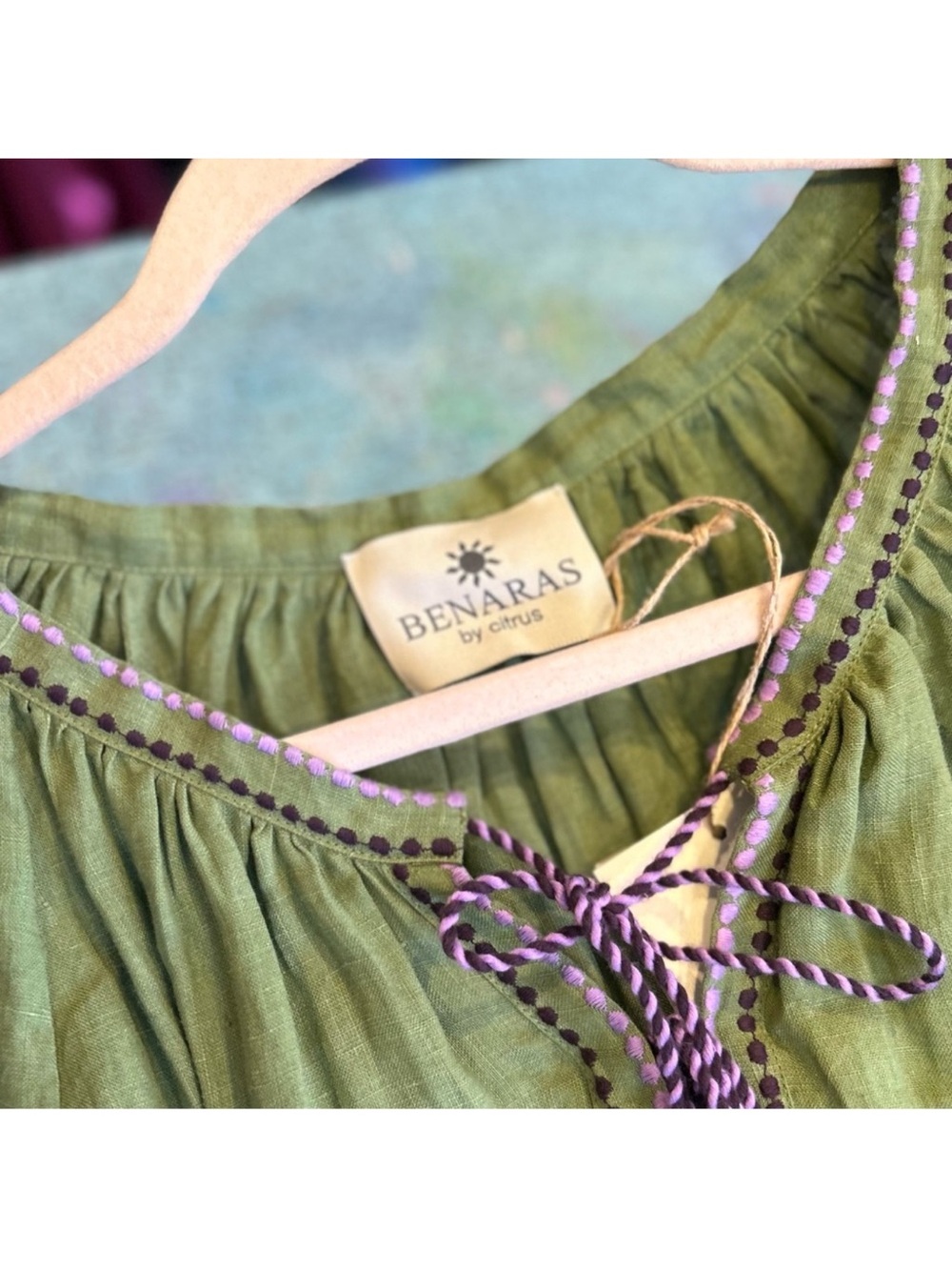 Boho Olive Green Embroidered Maxi Dress with Zigzag Belt - Picture 7 of 9